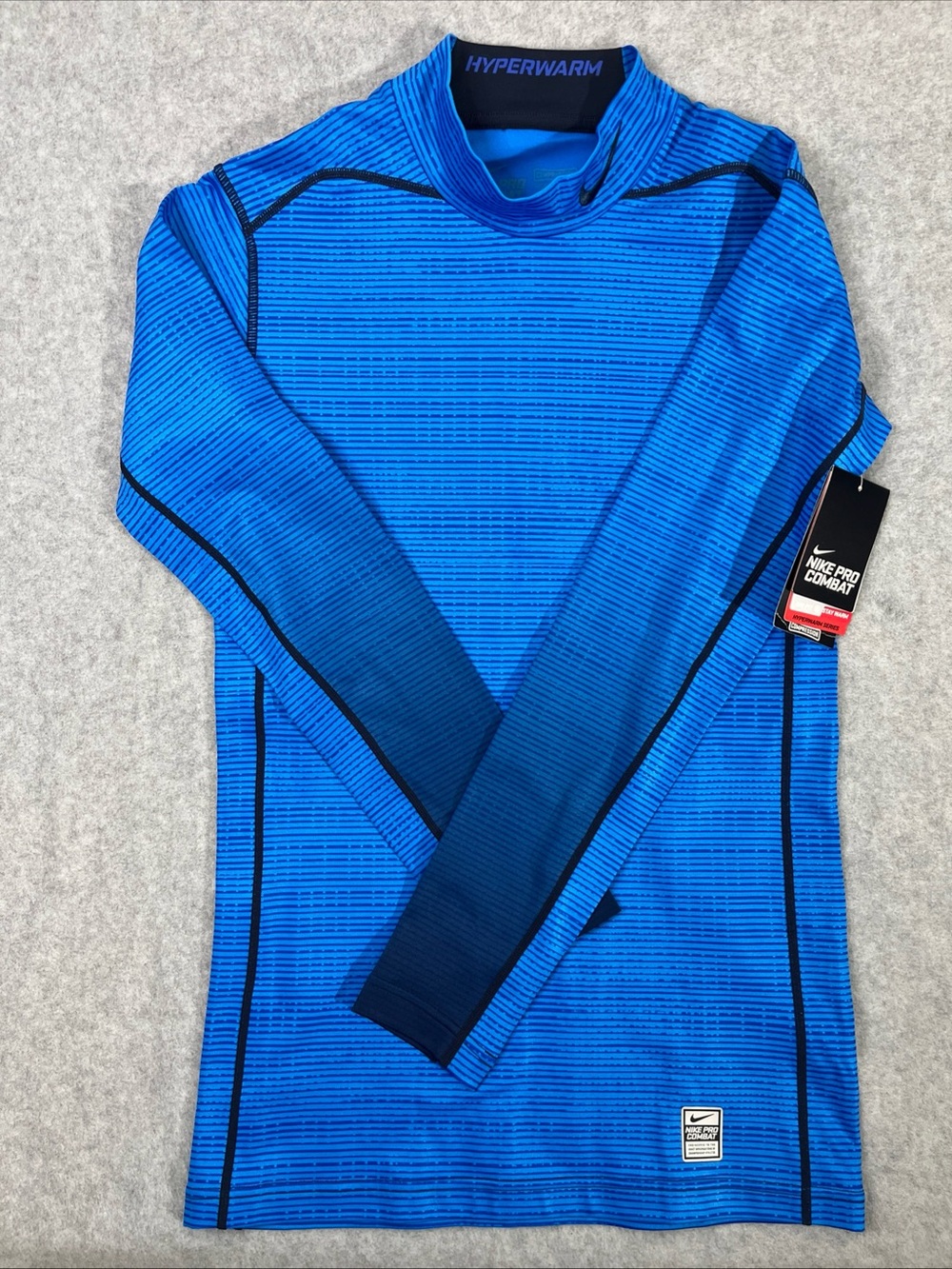 Nike Pro Combat Hyperwarm Shirt Mens Medium Blue Striped Fitted Long Sleeve NEW